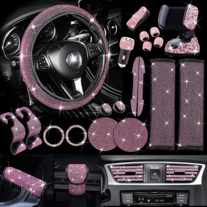 Pembe Kristal Taşlı Araç İçi Aksesuar Seti